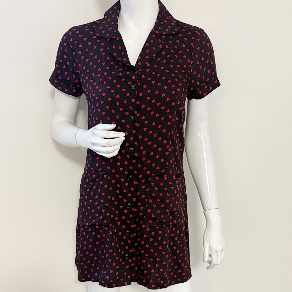 Reformation Black Short Sleeve Button Down Mini Dress w Red Heart Pattern